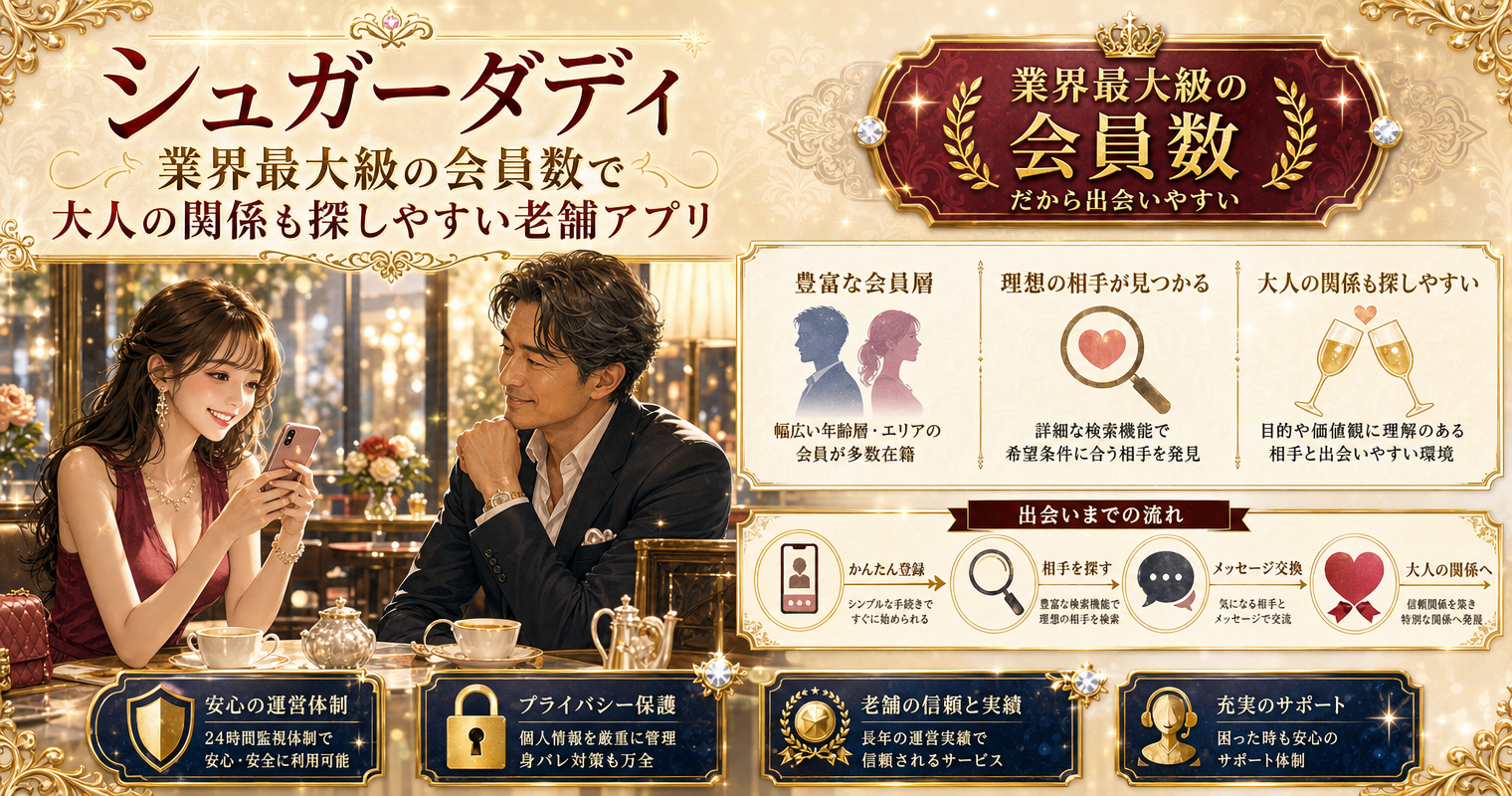 第1位：シュガーダディ、業界最大級の会員数で大人の関係も探しやすい老舗アプリ