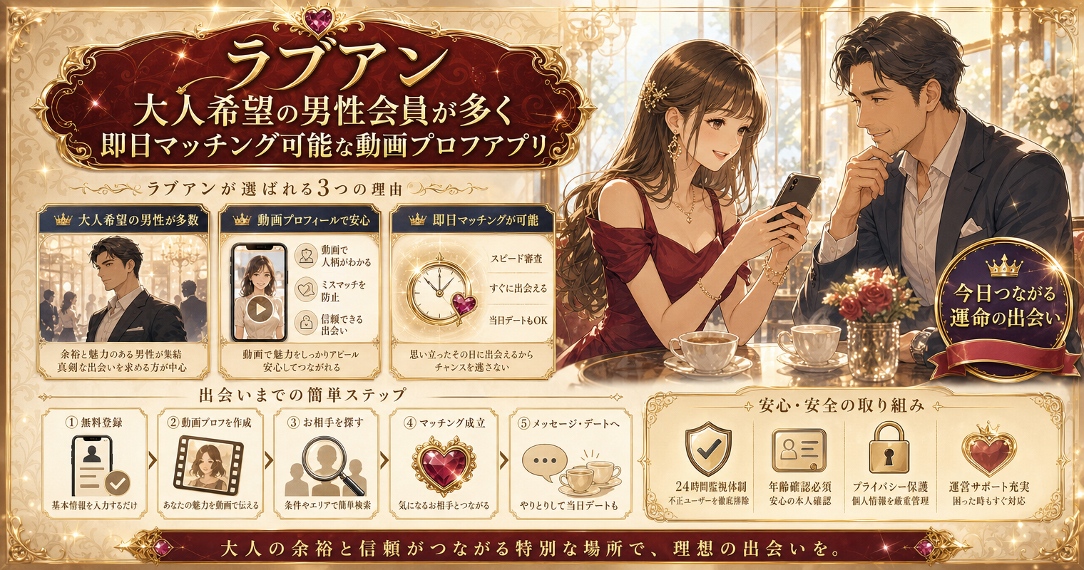 第2位：ラブアン、大人希望の男性会員が多く即日マッチング可能な動画プロフアプリ