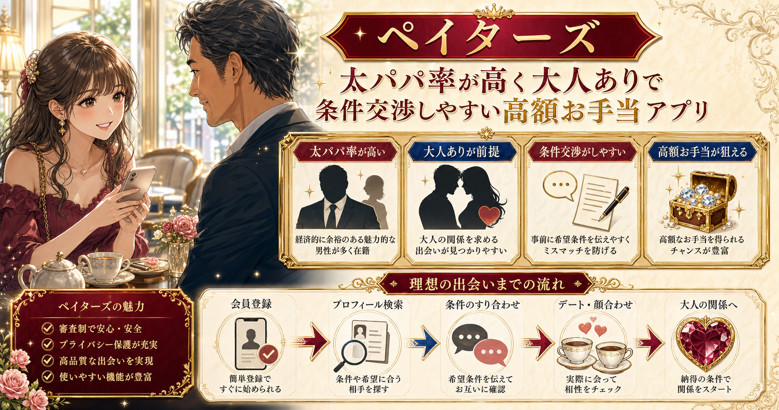 第3位:ペイターズ、太パパ率が高く大人ありで条件交渉しやすい高額お手当アプリ