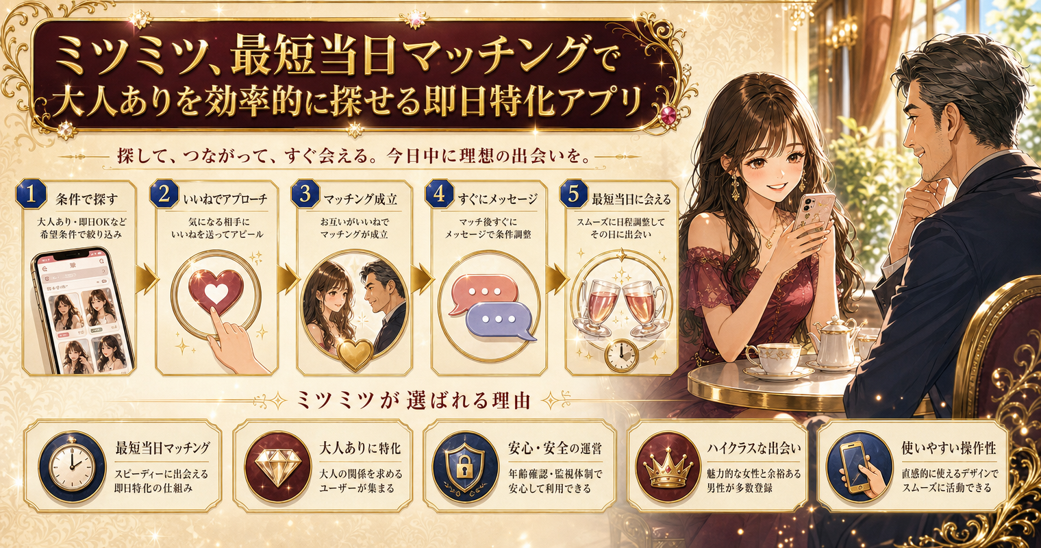 第4位：ミツミツ、最短当日マッチングで大人ありを効率的に探せる即日特化アプリ