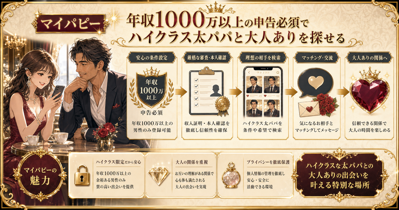 第5位：マイパピー、年収1000万以上の申告必須でハイクラス太パパと大人ありを探せる