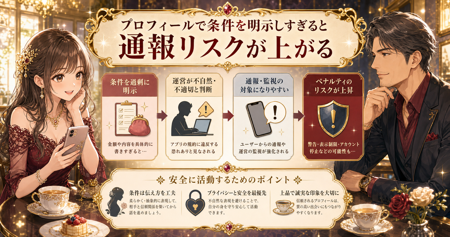 プロフィールで条件を明示しすぎると通報リスクが上がる