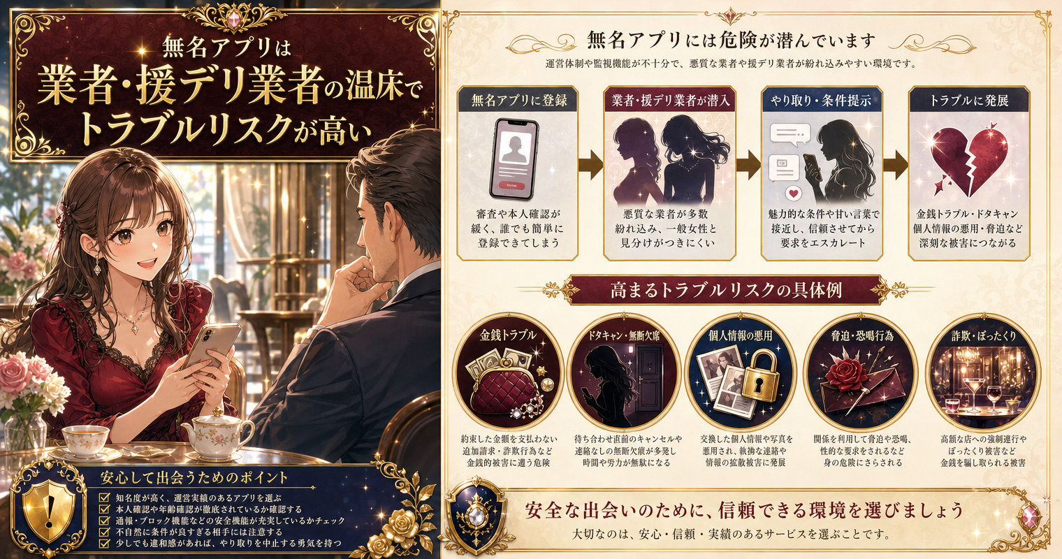 無名アプリは業者・援デリ業者の温床でトラブルリスクが高い