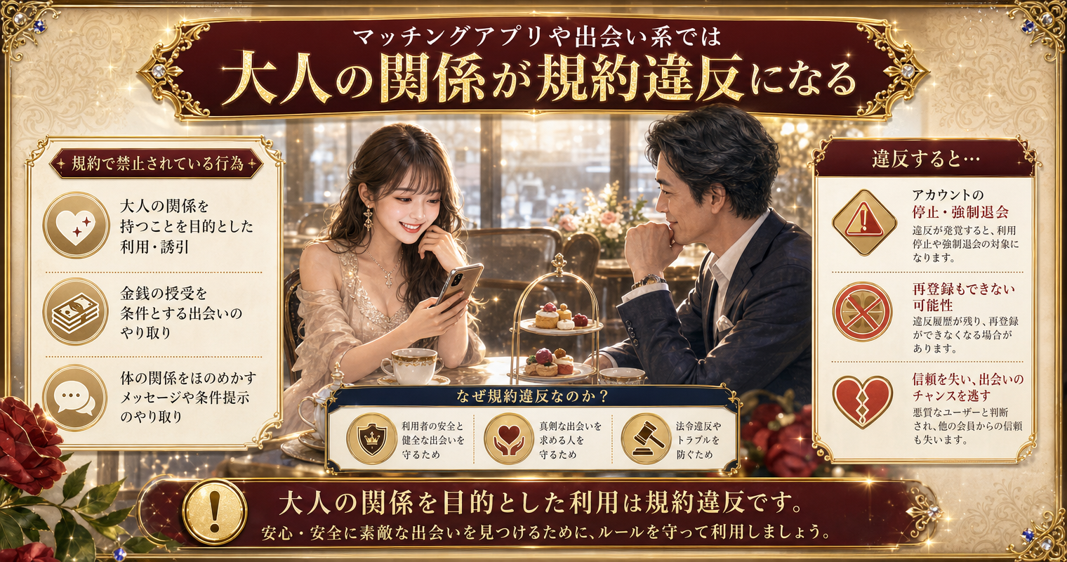マッチングアプリや出会い系では大人の関係が規約違反になる