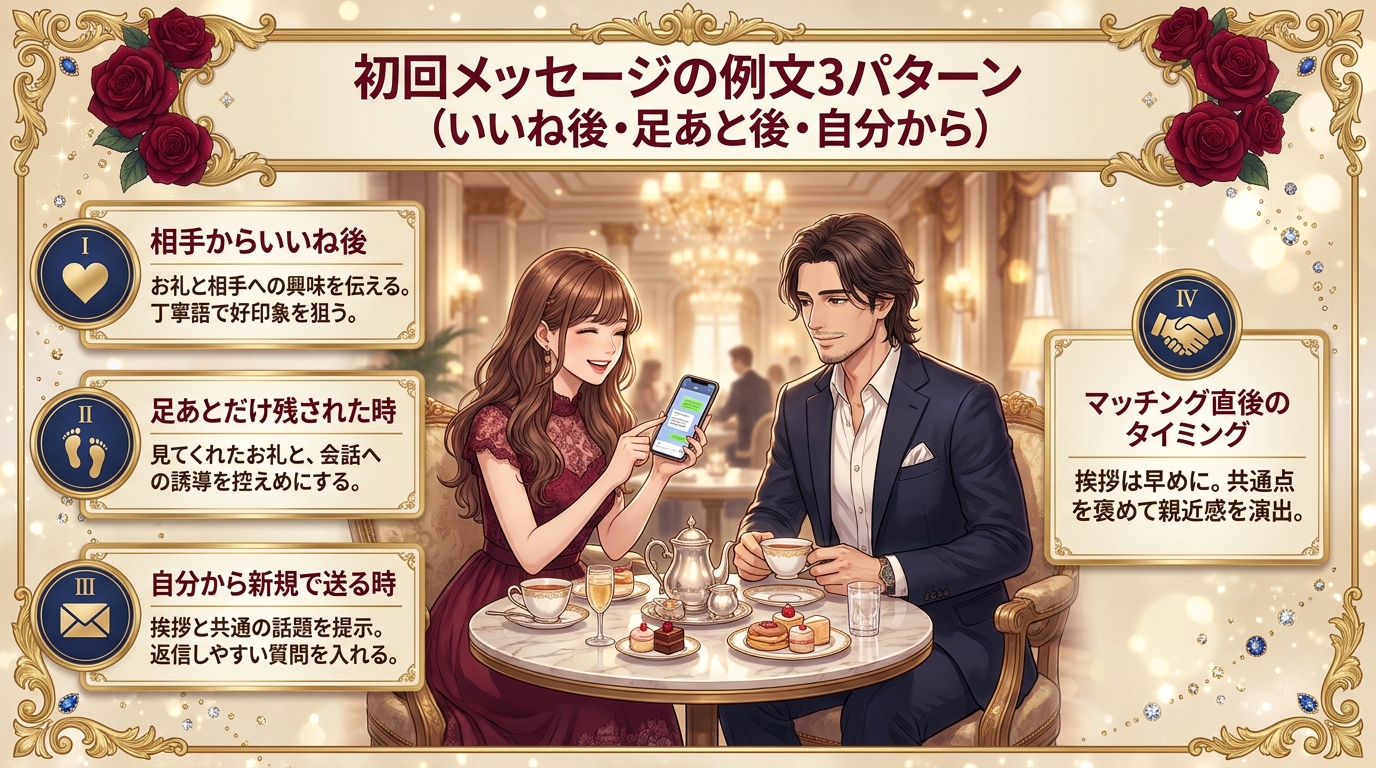 初回メッセージの例文3パターン(いいね後・足あと後・自分から)