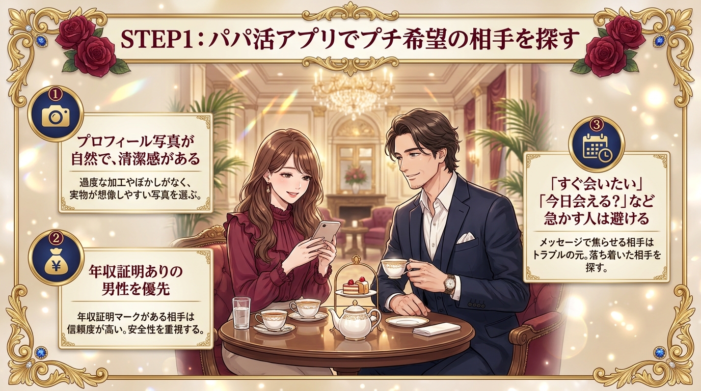 STEP1：パパ活アプリでプチ希望の相手を探す