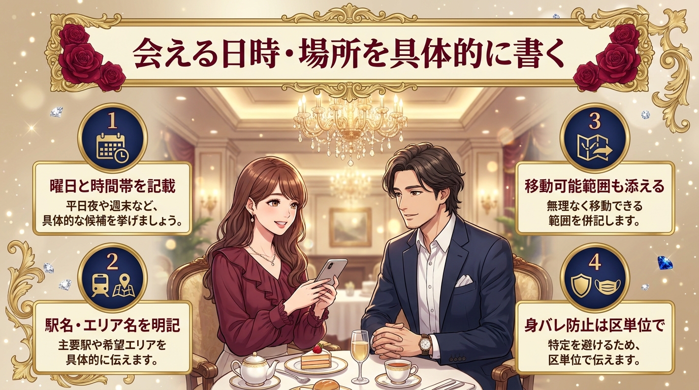 会える日時・場所を具体的に書く