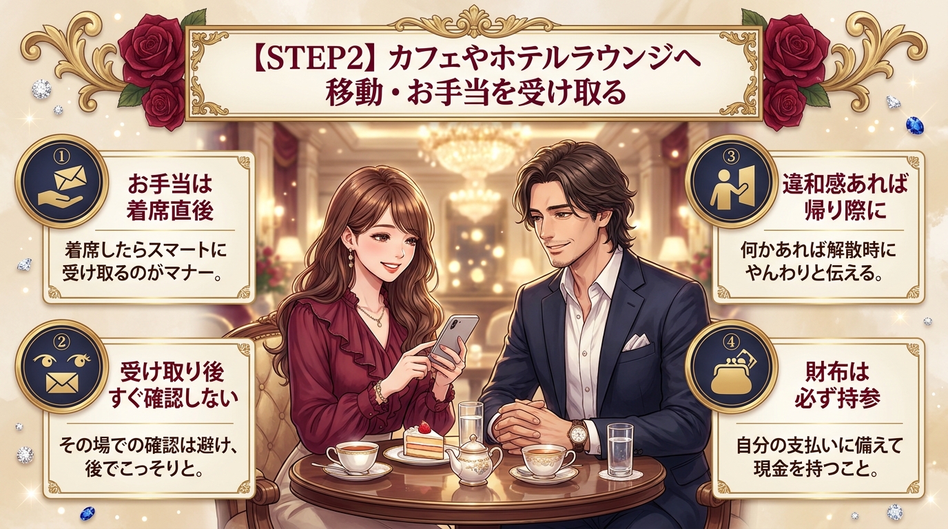 【STEP2】カフェやホテルラウンジへ移動・お手当を受け取る