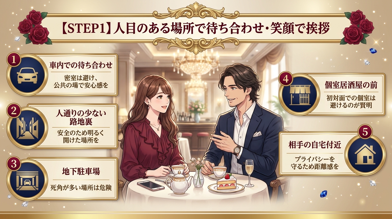 【STEP1】人目のある場所で待ち合わせ・笑顔で挨拶